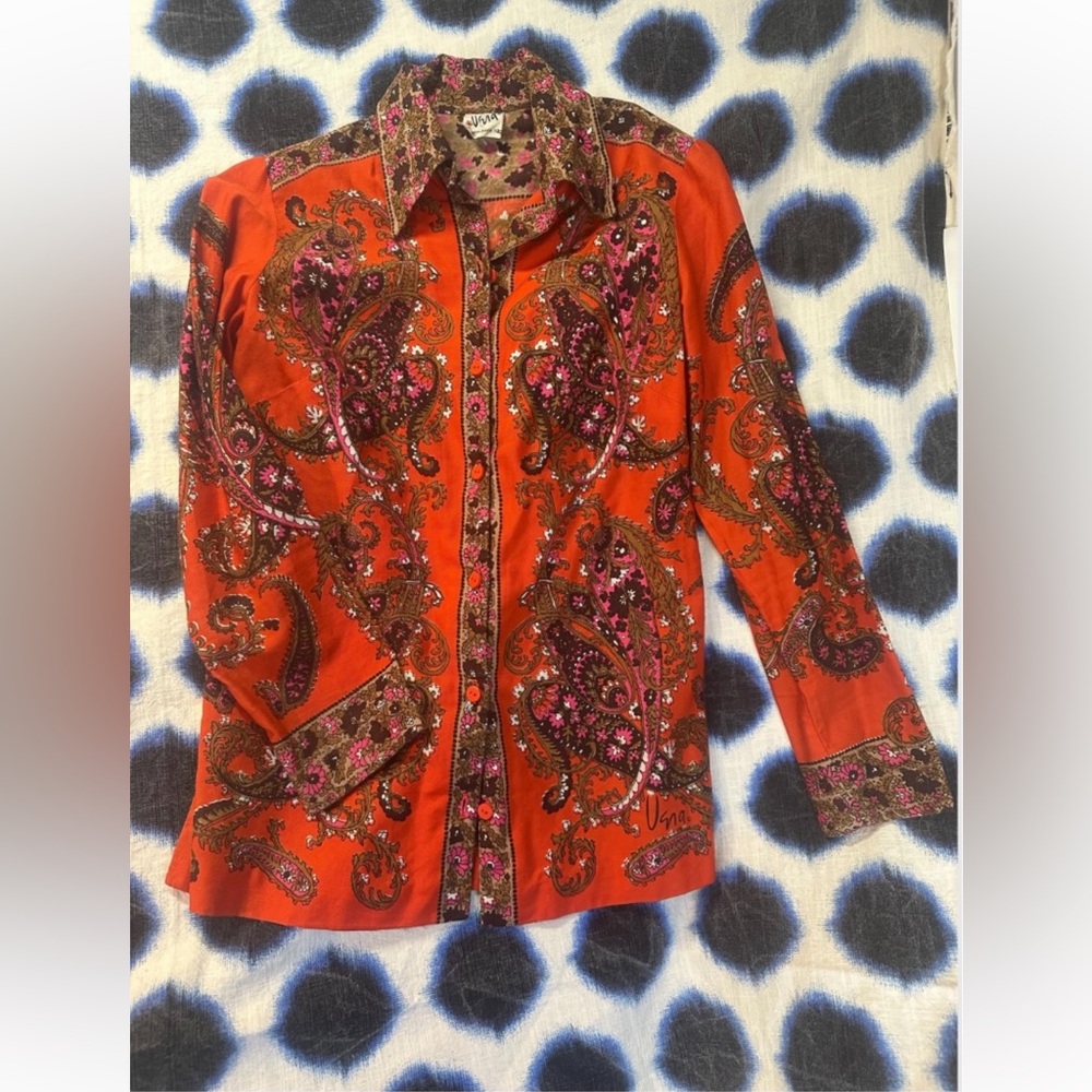 Vintage Vera Neumann Paisley  Orange Long Sleeve Women's Cotton Blouse - Picture 5 of 8